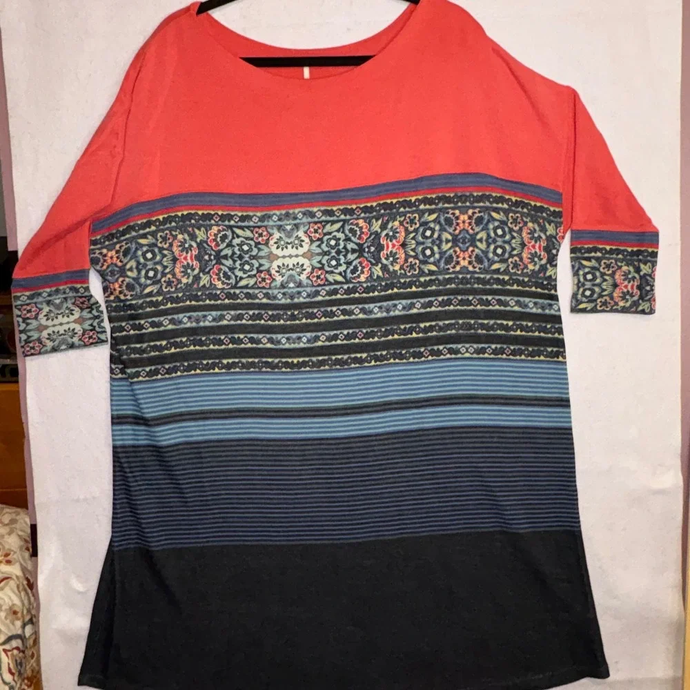 Free People Coral Boho Mixed Print Drop‎ Shoulder Tunic knit 3/4 sleeve dress M
